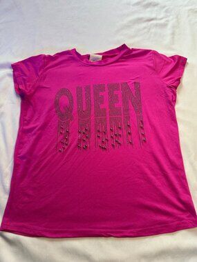 Girls Pink QUEEN Graphic T-Shirt With Rhinestones & Studs | Size 10-12